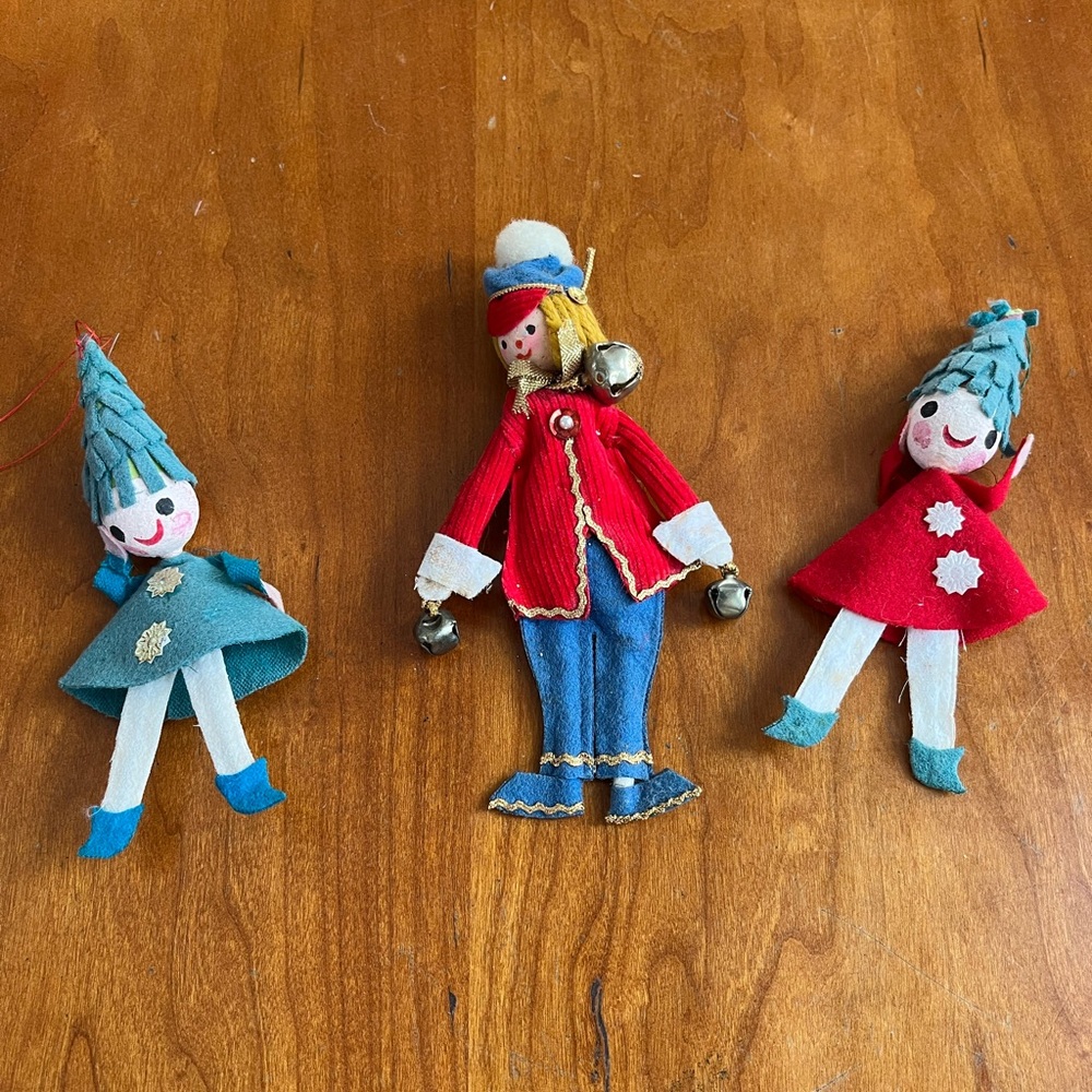 Vintage 1950’s Pixie Elf Hand Made Felt Tree Ornaments, One With Bells! Set of 3